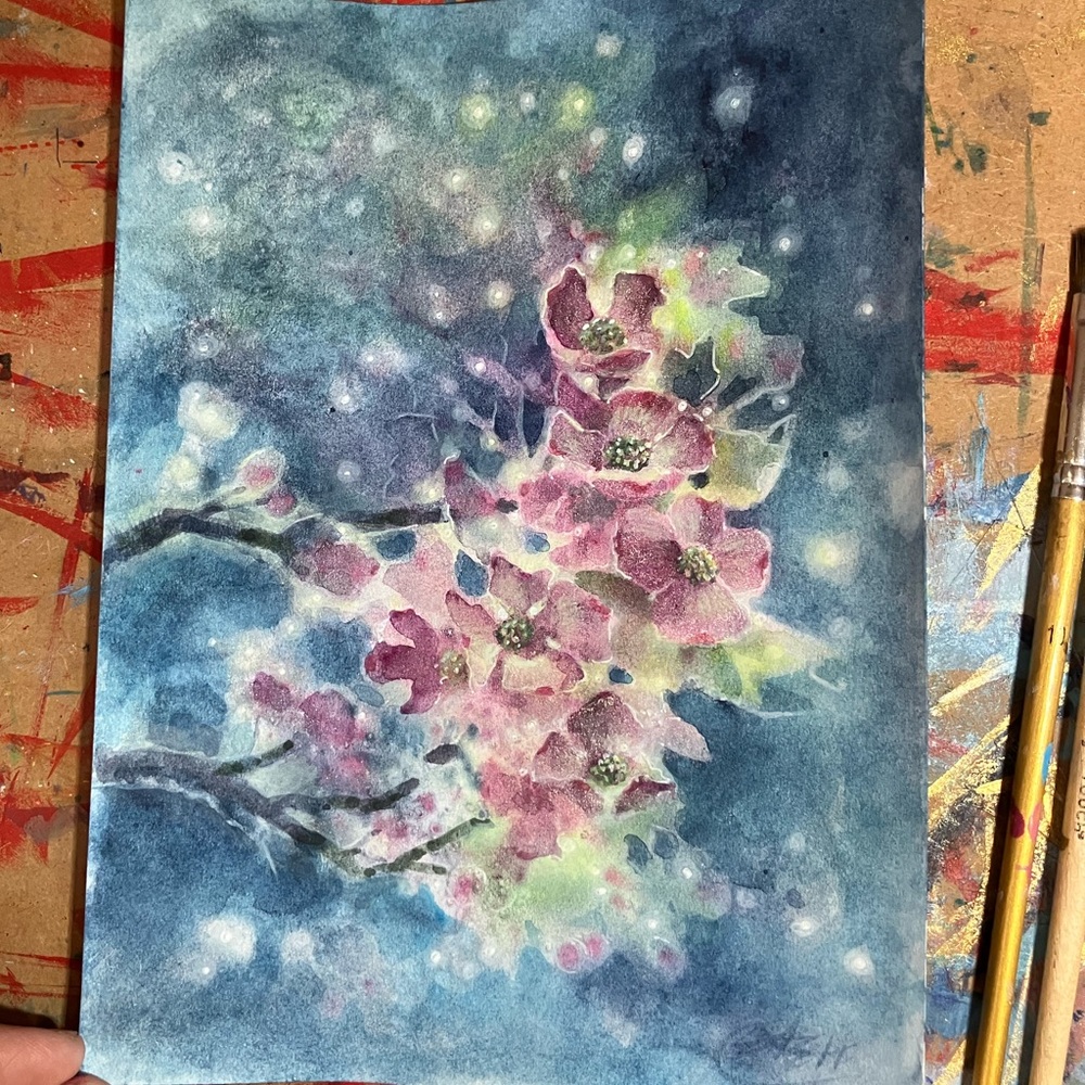 Original dogwood painting blossoms Art deco floral nature decor Artettina USA